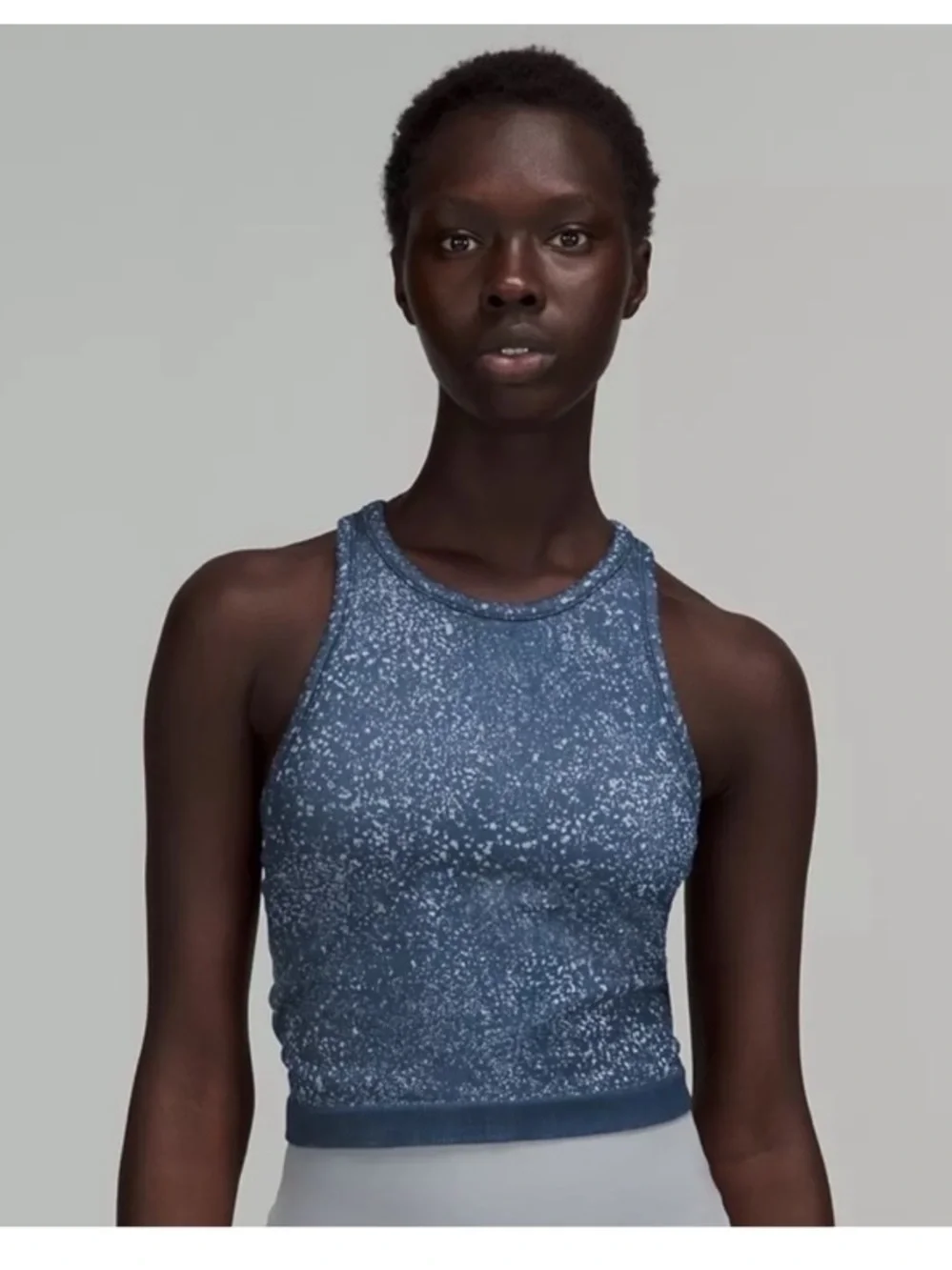 EUC Lululemon Ebb to Street RB Crop Tank Size 4 Denim Indigo Pop Splatter Blue